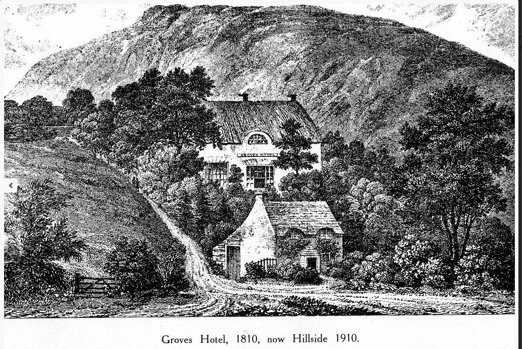 The small cottage (Hillside) can be seen in front of ‘Groves Hotel’ in the engraving here by T. Higham from 1824. From Ventnor & District Local History Society  